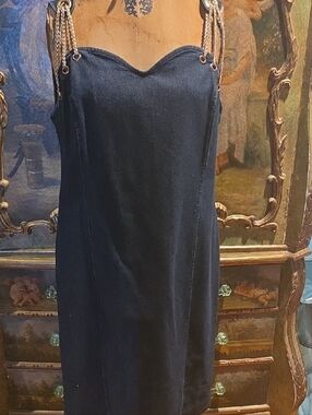 Midnight Velvet Navy Denim Mini Dress with Gold Chain Straps